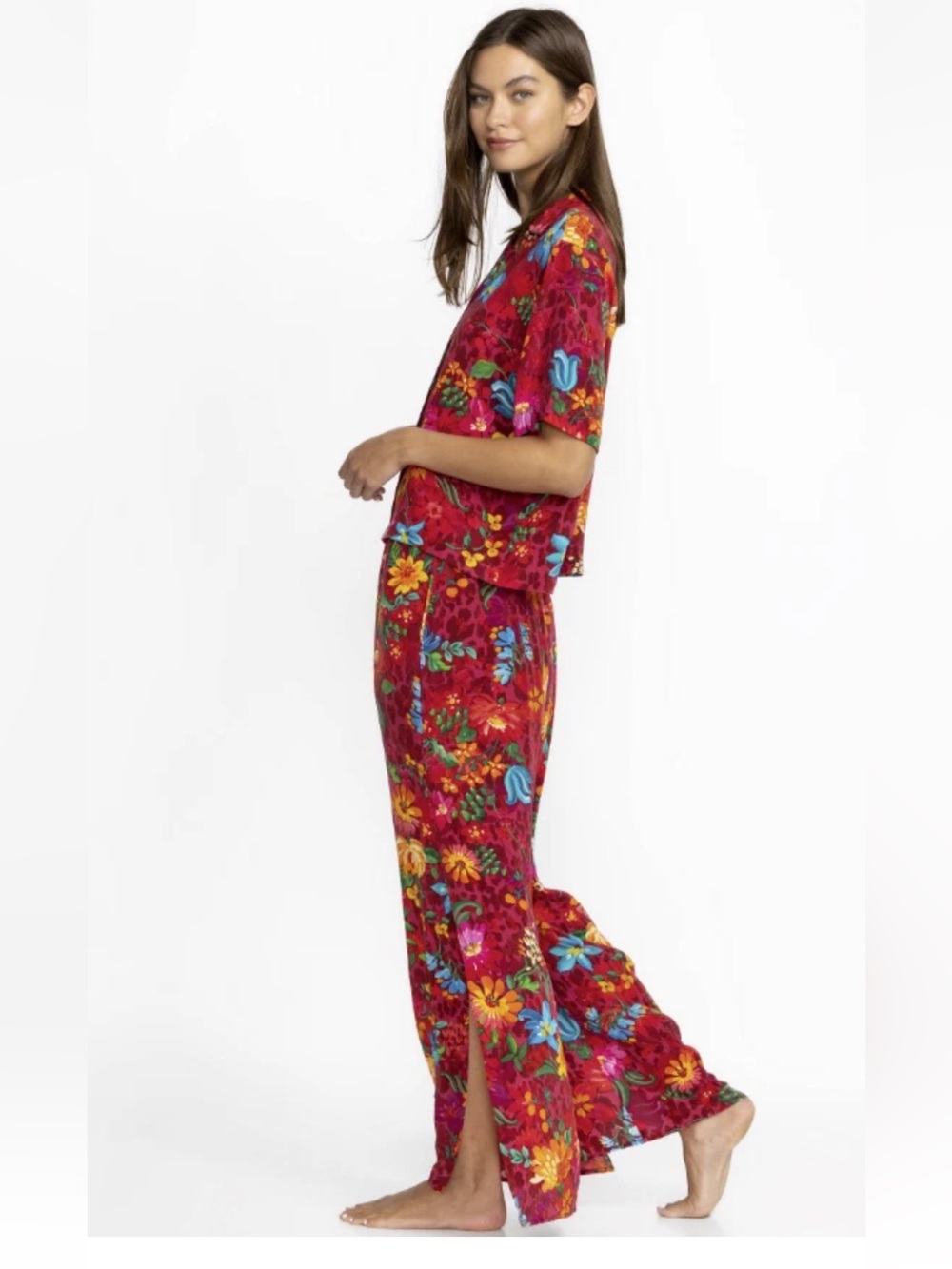 Johnny Was Brooklyn Long Set 2 Piece Pajamas Red Floral Size XS 100% Silk